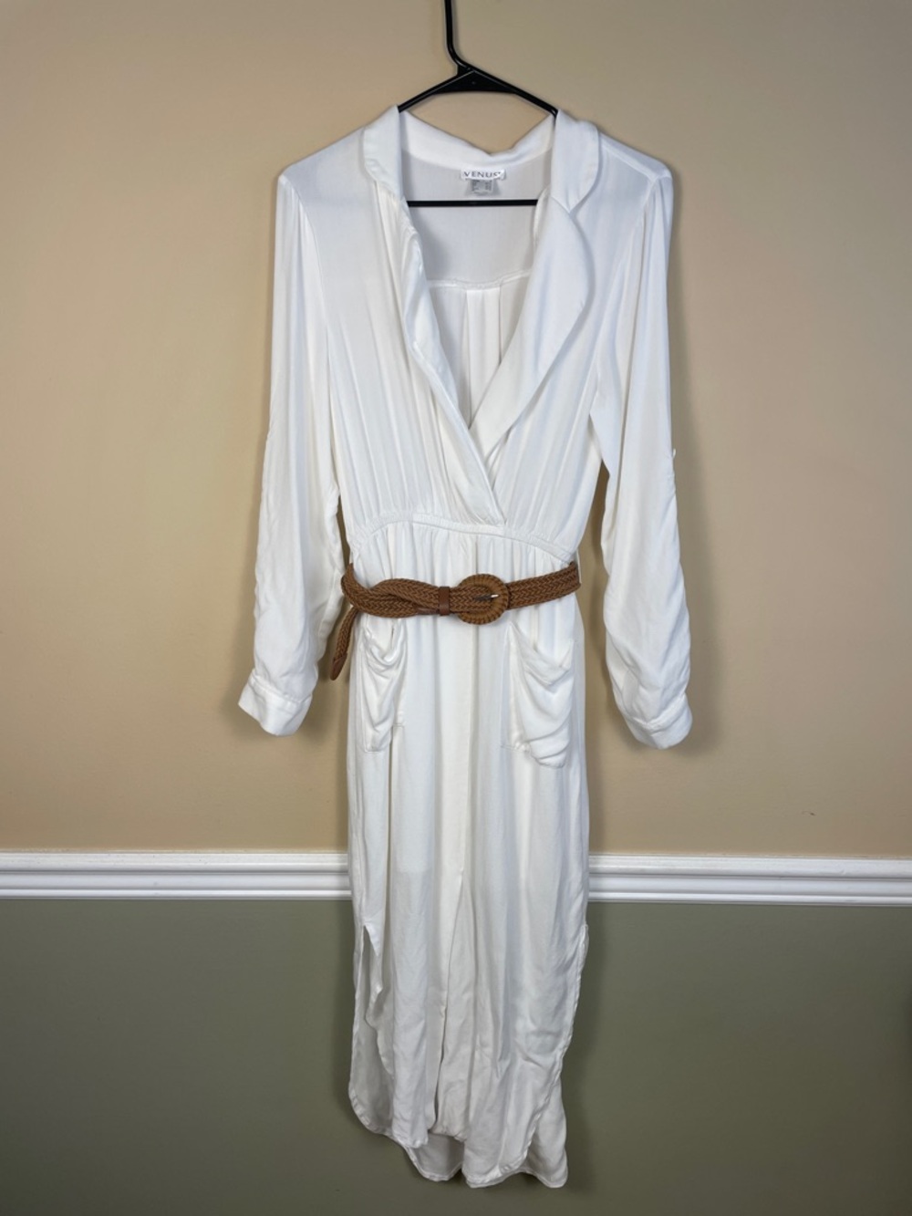 VENUS Women’s Boho Casual White Split Neck Belted Long Sleeve Midi Shirt Dress